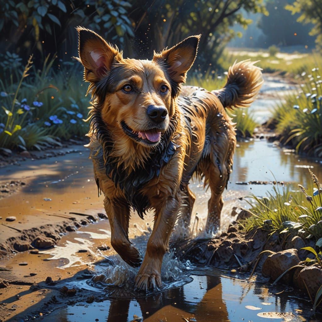 Impressionist Masterpiece: Slushy Dog in Vibrant Muddy Lands...