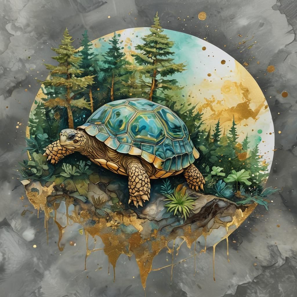 Tortoise with Forest Shell in Ink Marbling Style