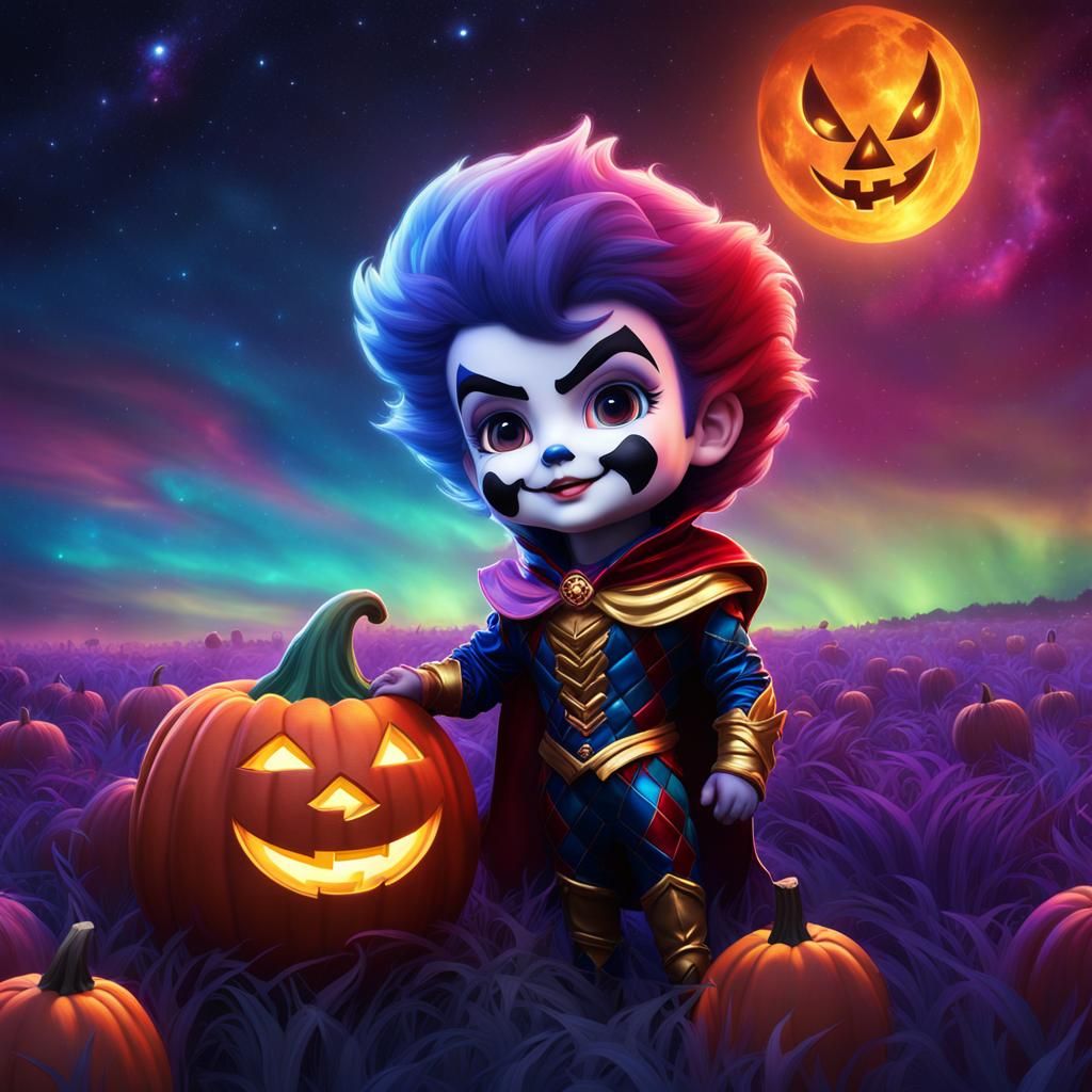 Chibi Harlequin in Jack-o'-Lantern, Neon Fantasy Art