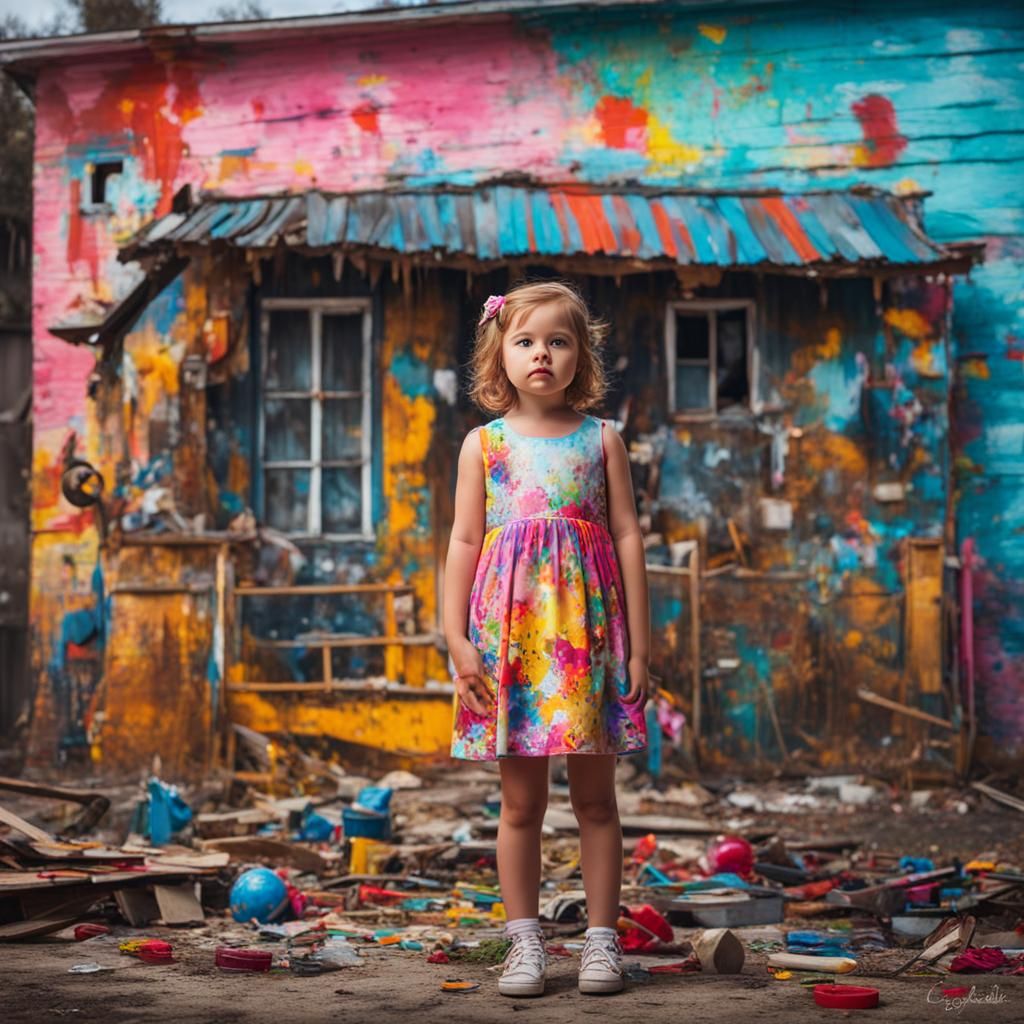 Girl in Front of Abandoned House Street Art