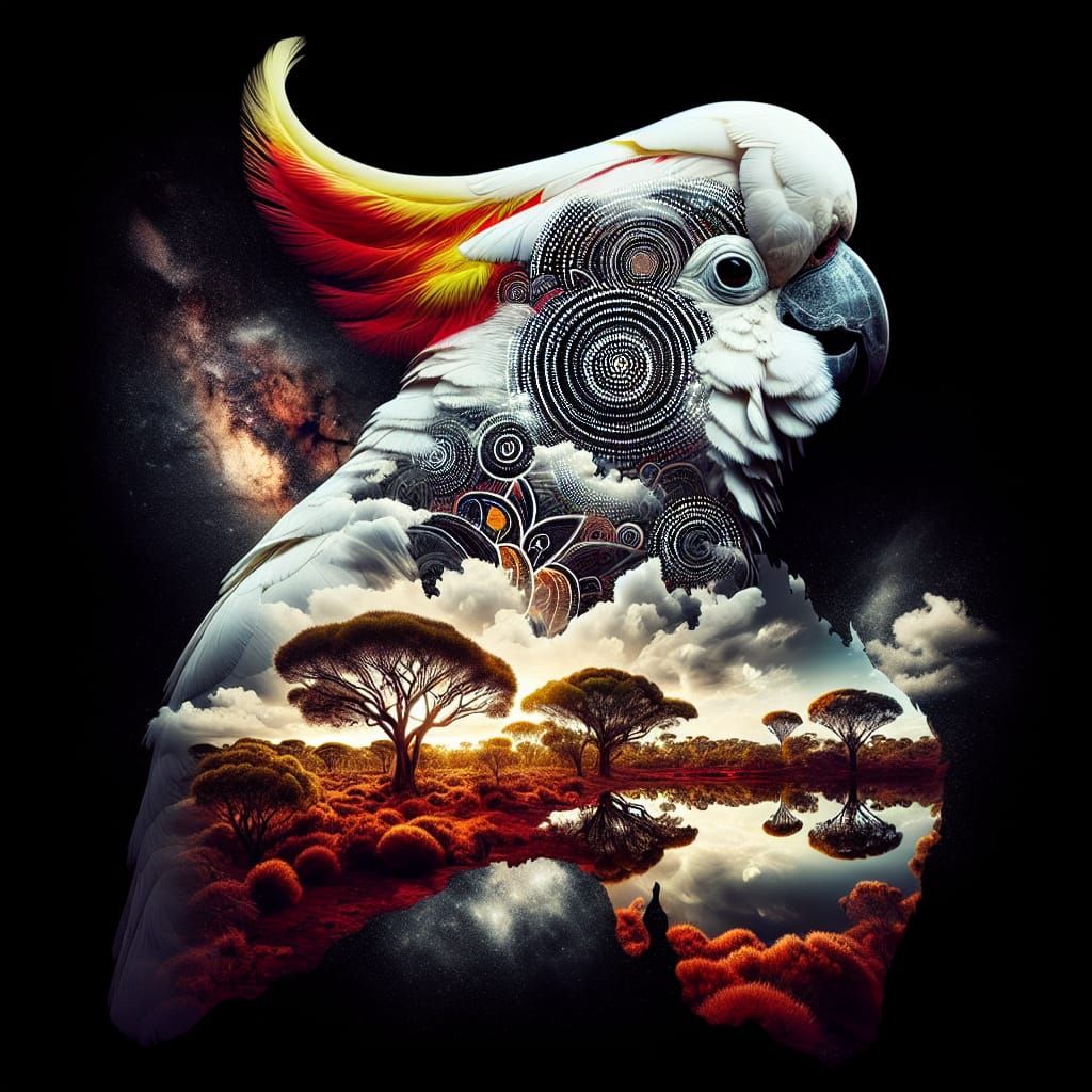 Double Exposure Cockatoo Over Australian Landscape