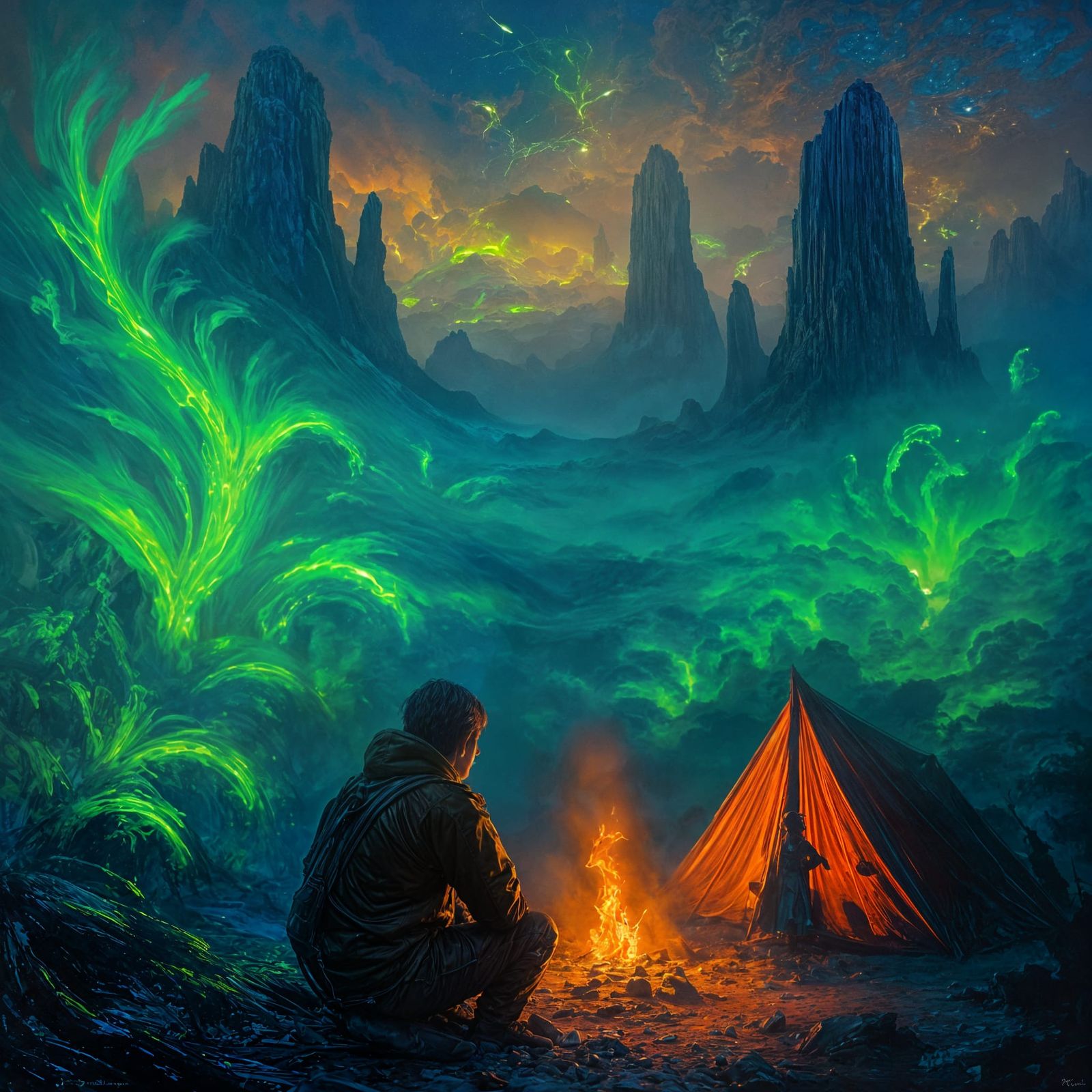 Alien Planet Camping: Expressionist Oil Painting