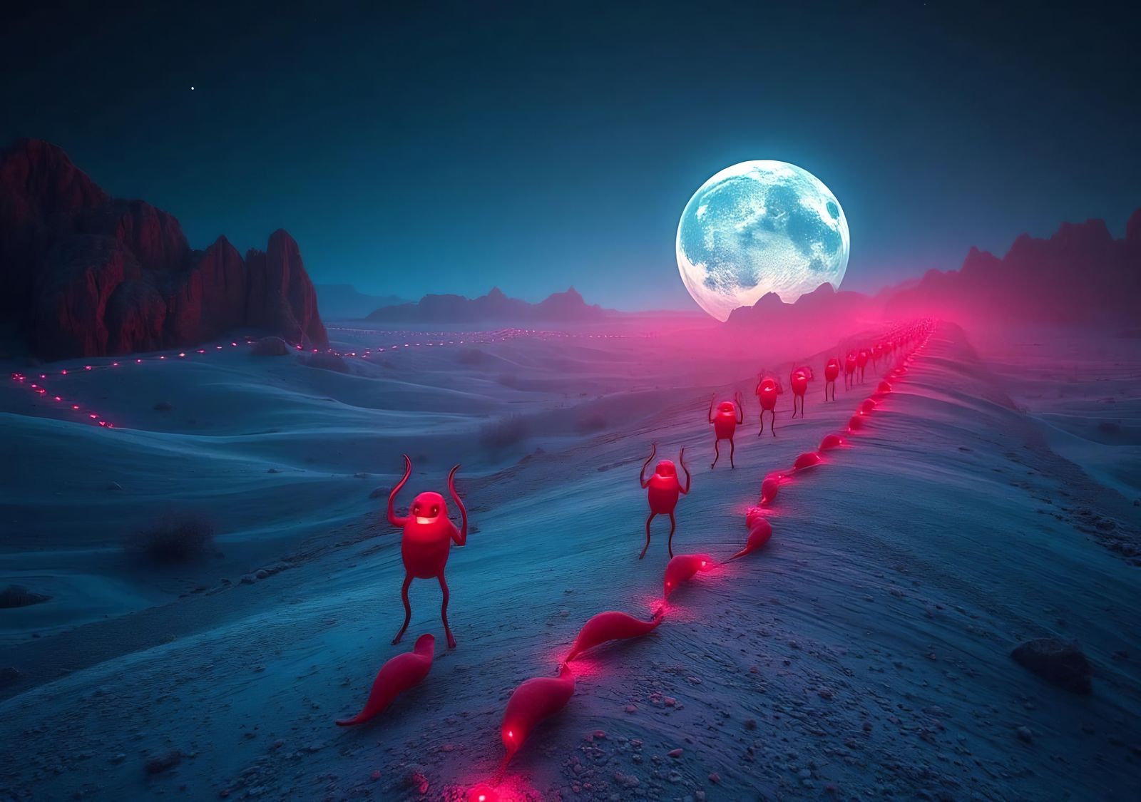 Surreal Wi-Fi Creatures on Infinite Path in 3D