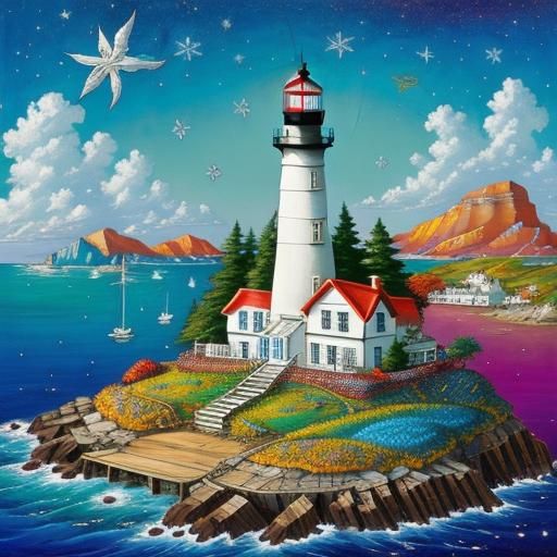 Island Lighthouse in Art Brut Vibrant Illustration
