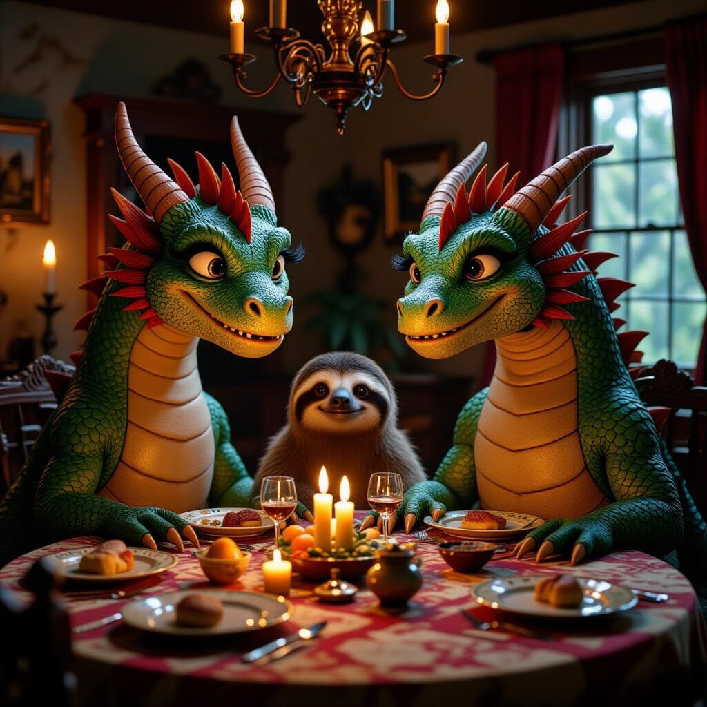 Dragons and Sloth at Candlelit Banquet, Cinematic Film Still