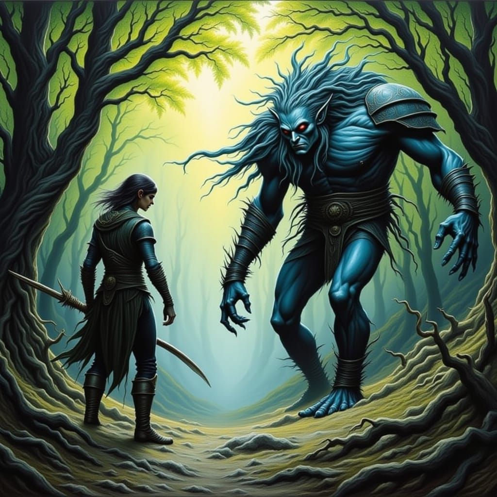 Elven Ranger Stalking Orc in Woods