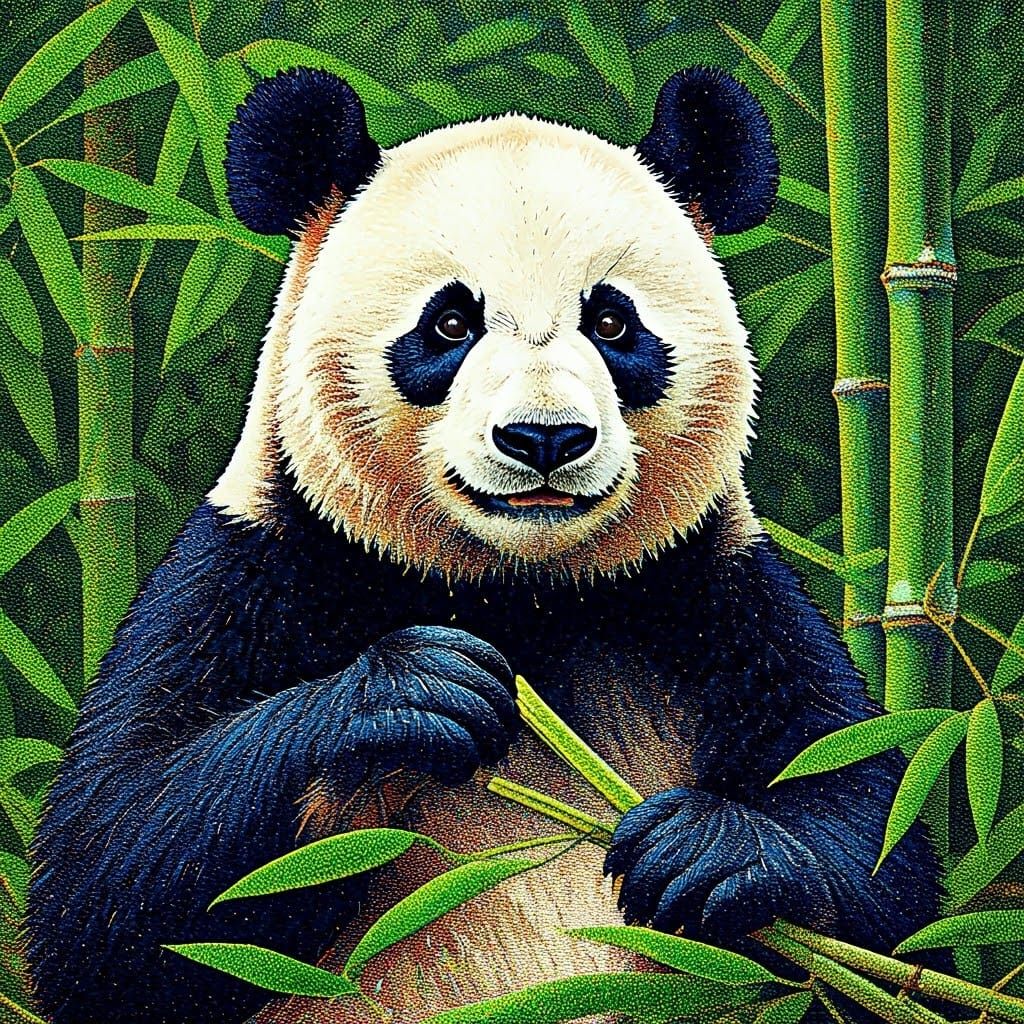 Pointillist Panda Bear with Bamboo in Dotwork Style