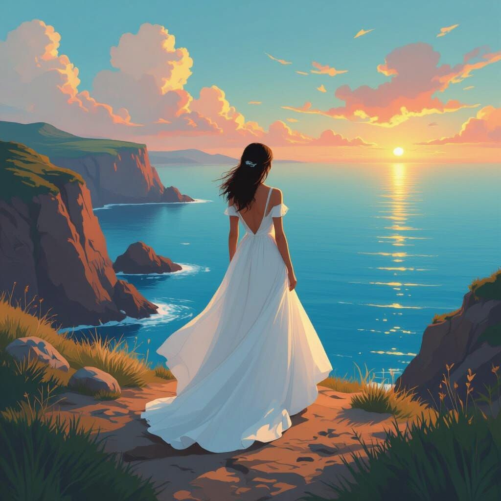 Woman Gazing at Ocean: Dreamy Coastal Landscape