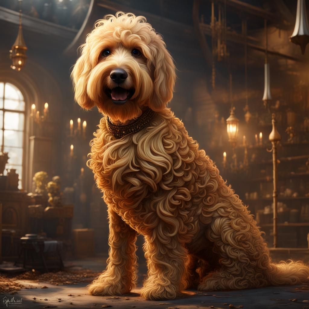 Golden Doodle with Brown Hair: Detailed Matte Painting