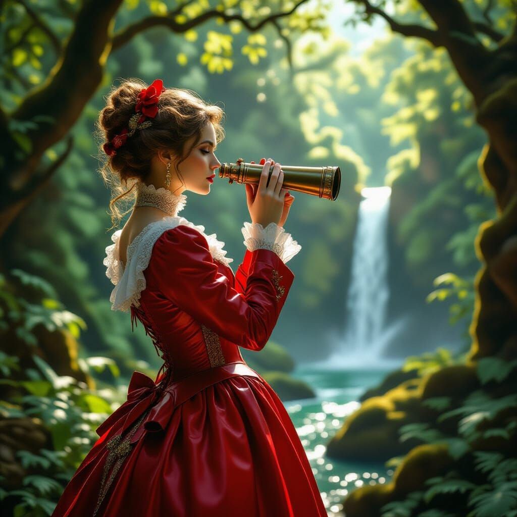 Victorian Woman in Red Leather Dress in Ancient Forest