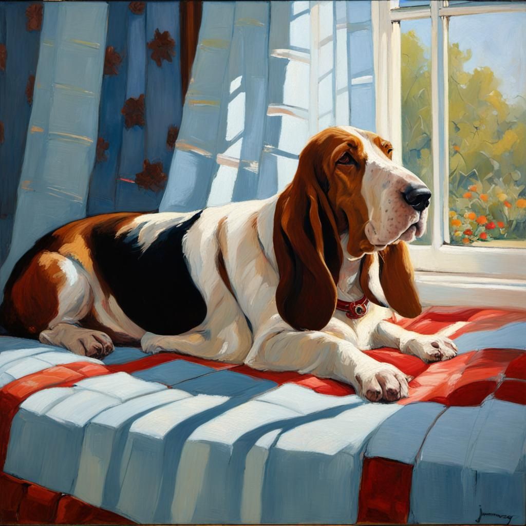 Basset Hound Asleep in Sunny Bedroom as Oil Painting