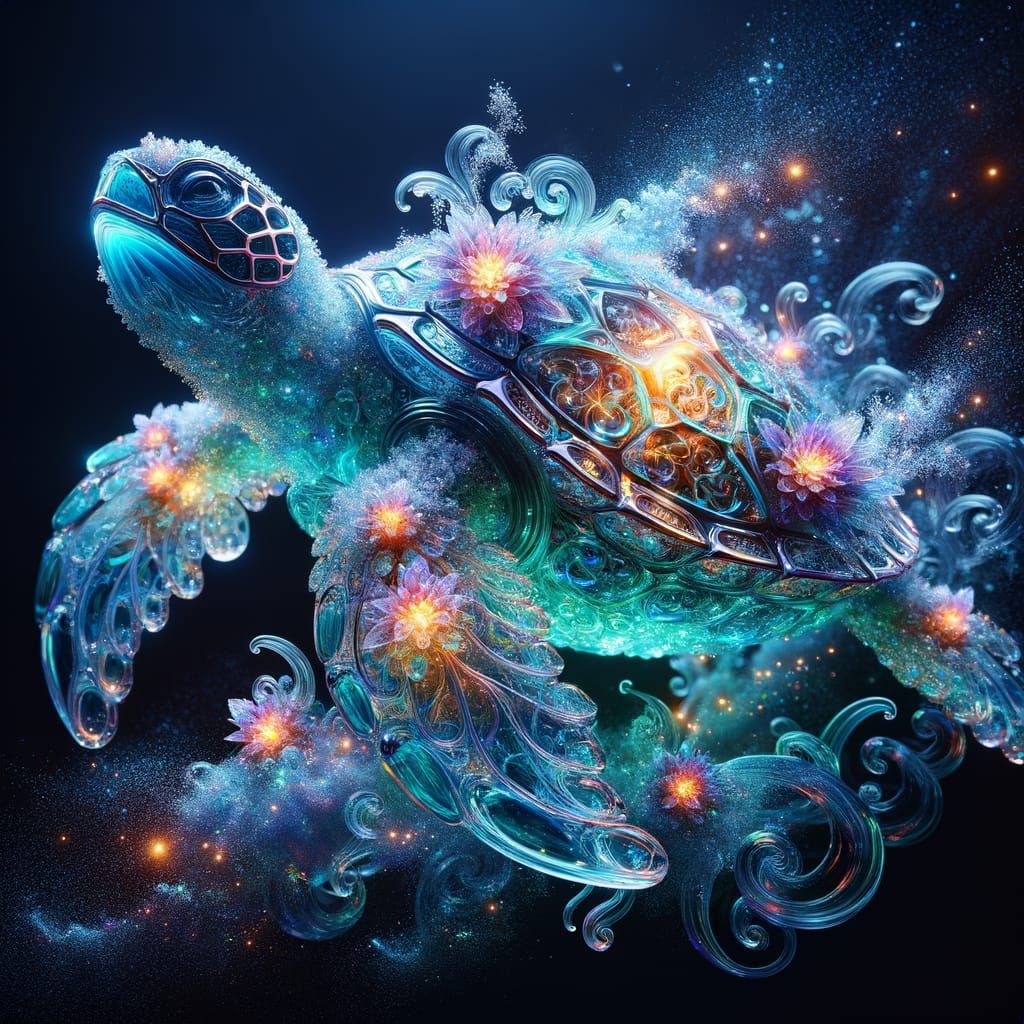 Crystal Turtle Sculpture with Bioluminescent Plants