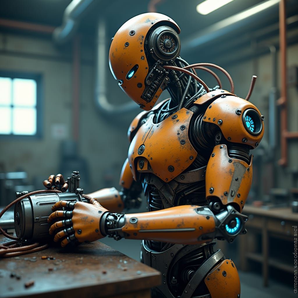 Robot Crafts Futuristic Machine in Anime Style