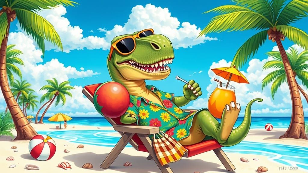 Vibrant Tiki T-Rex Relaxing on a Sunny Beach