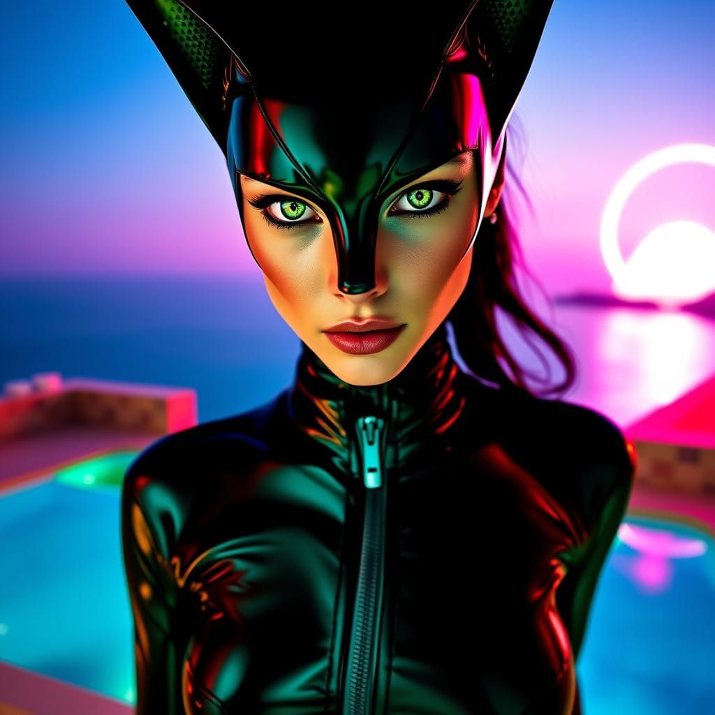 Mysterious Catwoman Stands Against Futuristic Egyptian Sky