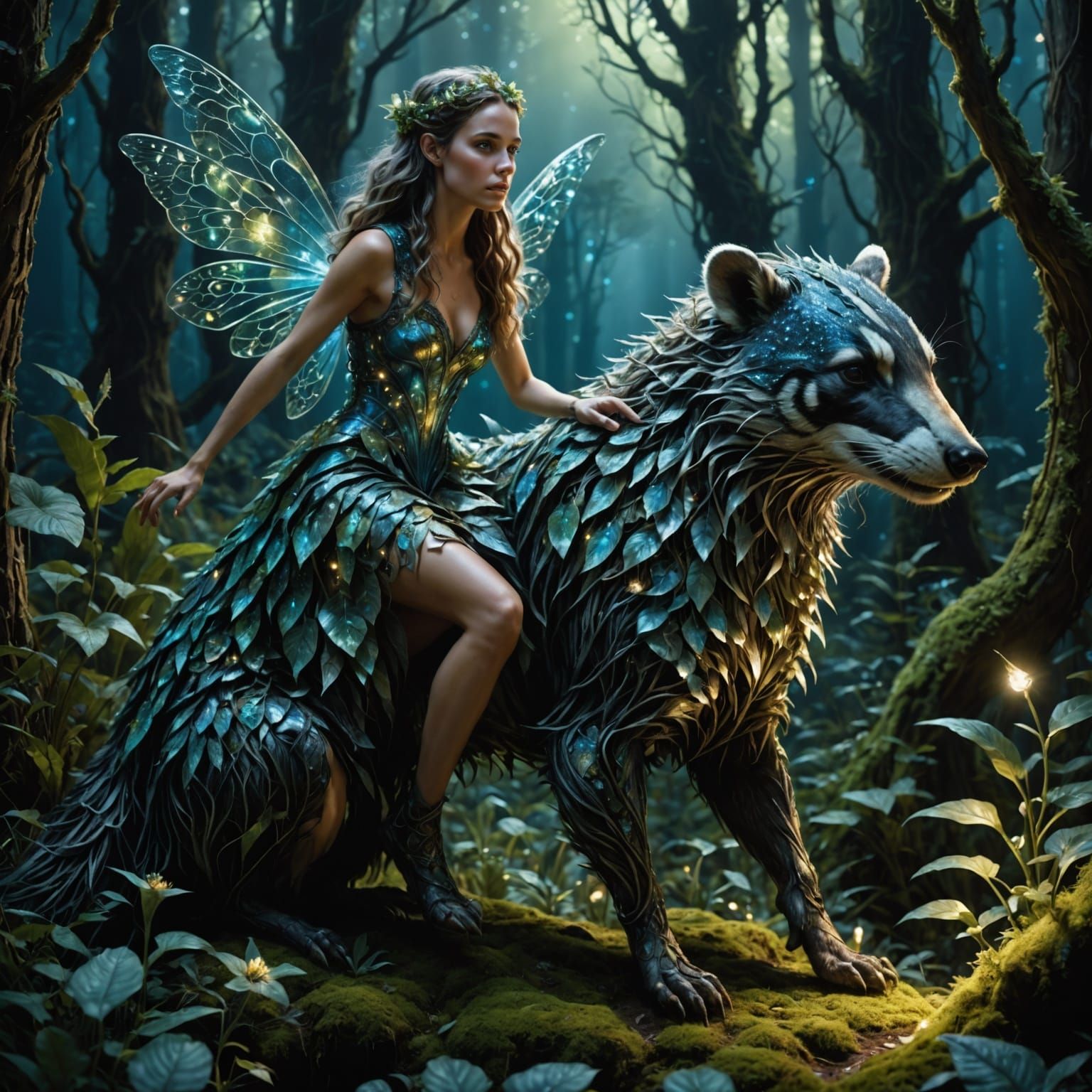 Fairy Riding Giant Badger in Bioluminescent Forest