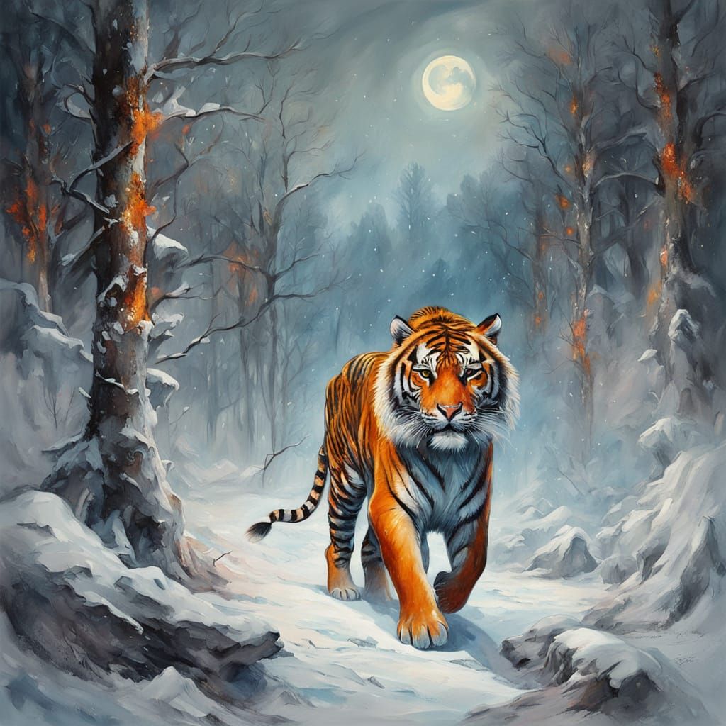 Surreal Tiger Emerges from Brush Strokes in a Vibrant Winter...