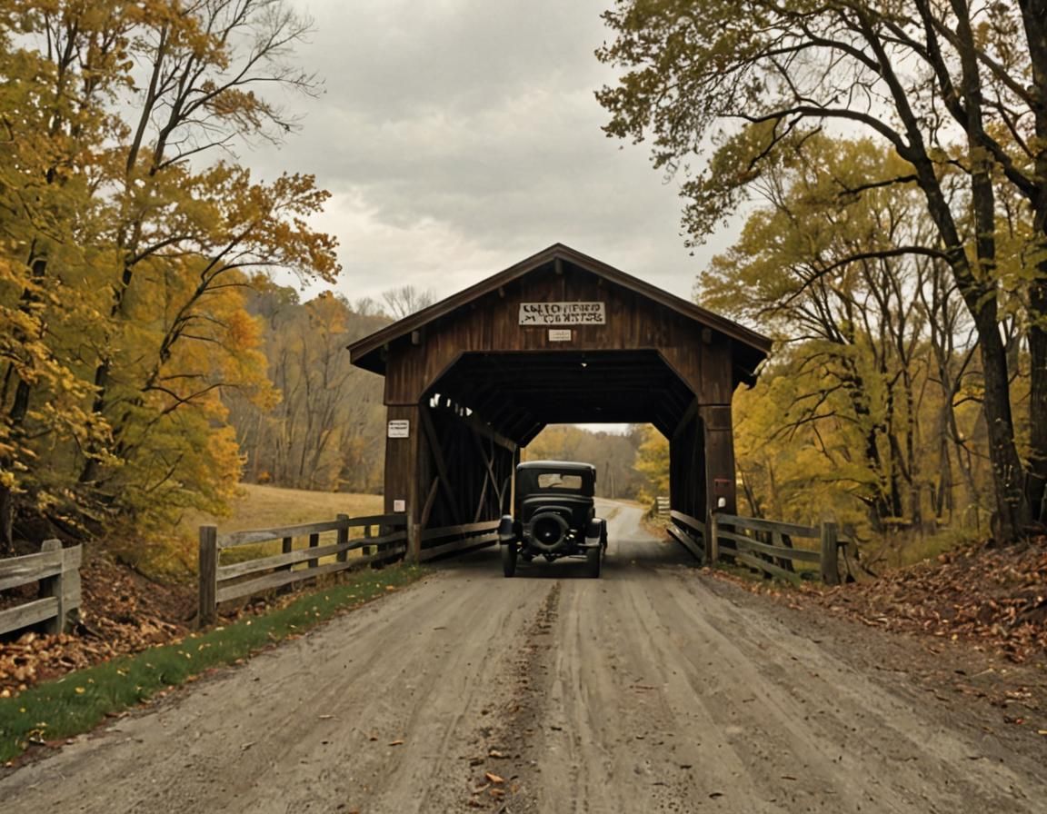 Vintage Ford on Country Road with Covered Bridge