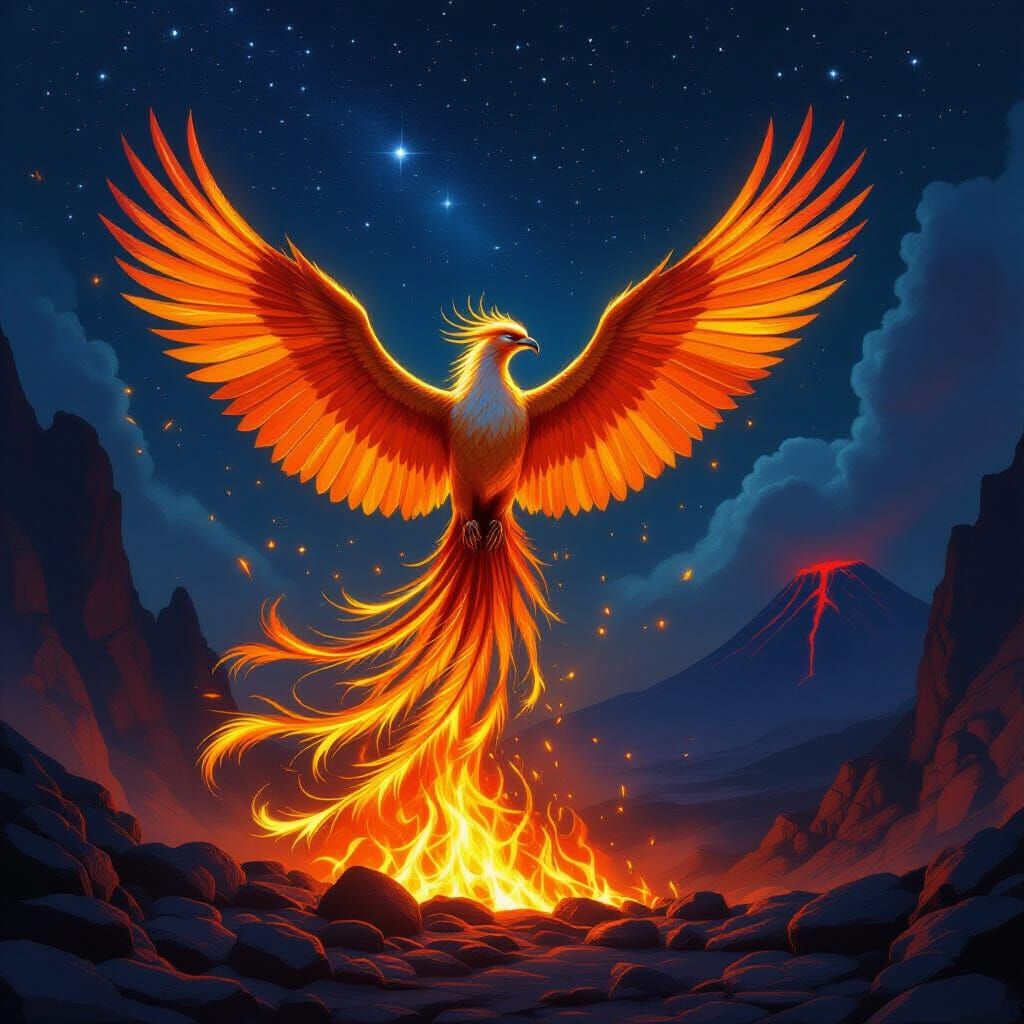 Majestic Phoenix Rises from Embers in Volcanic Landscape