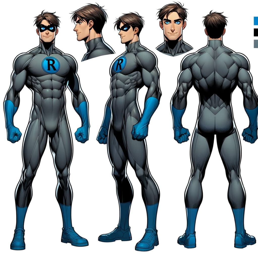 Superhero Character Sheet: Front, Side, Back Views