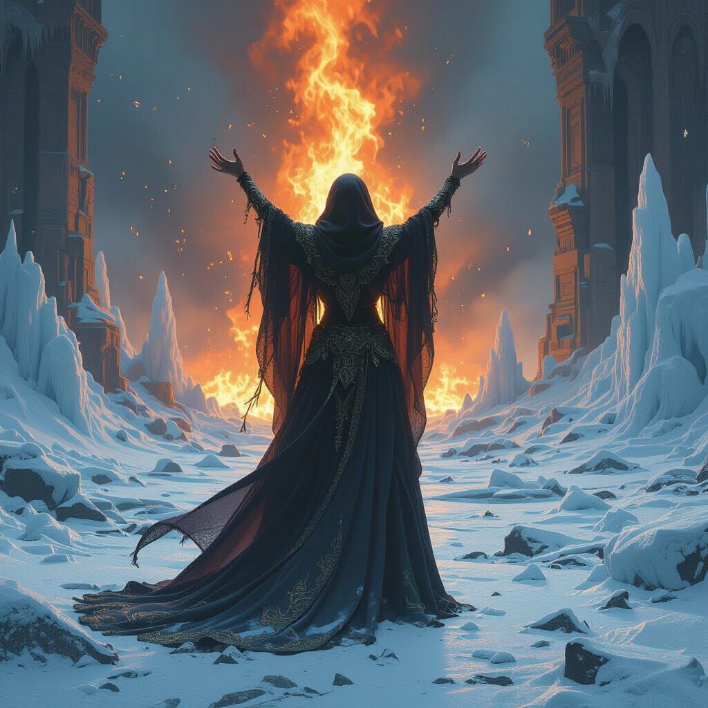 Sorceress Merging Fire and Ice in Shattered World