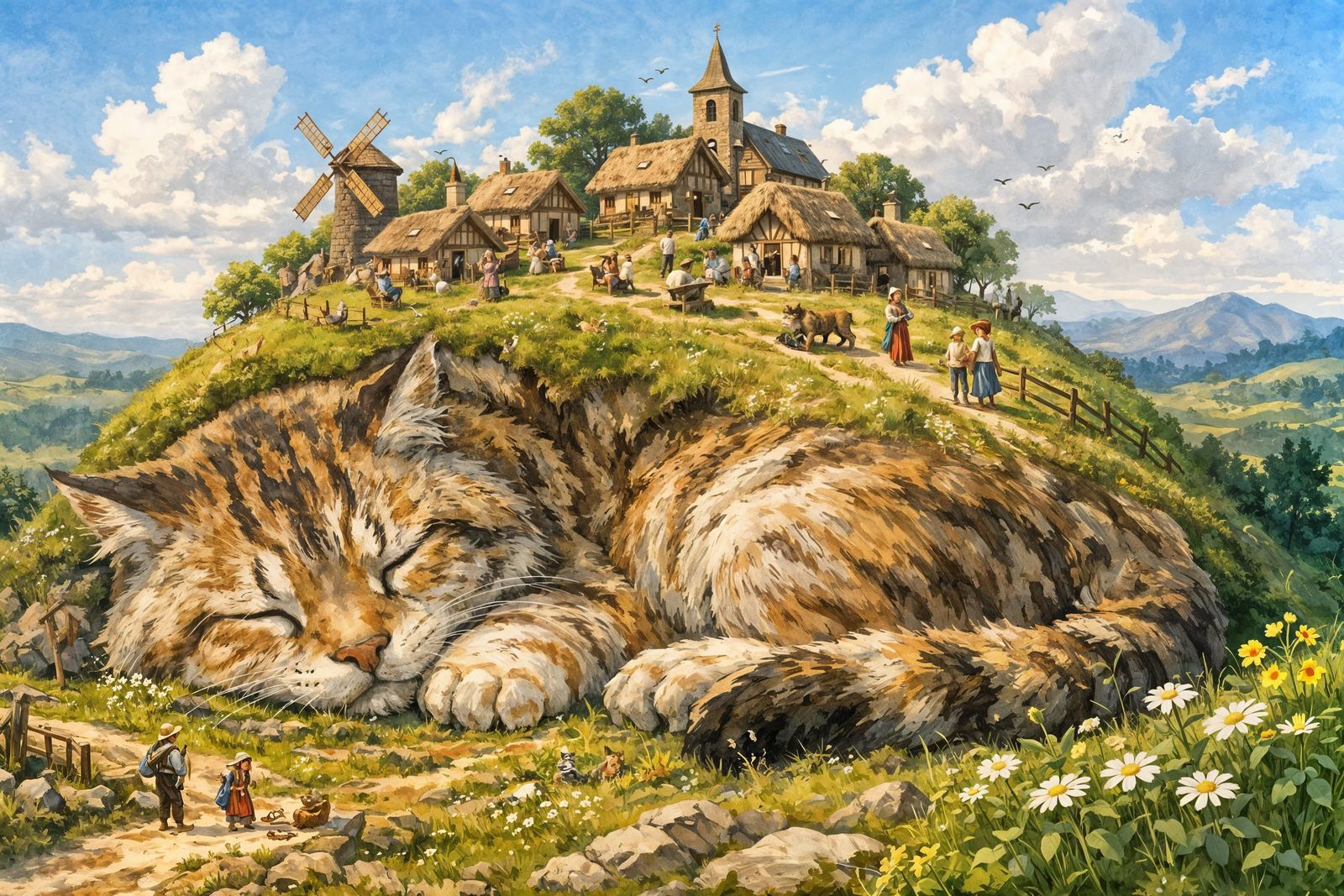 Giant Cat Sleeps Near Peaceful Village in Fantasy Illustrati...