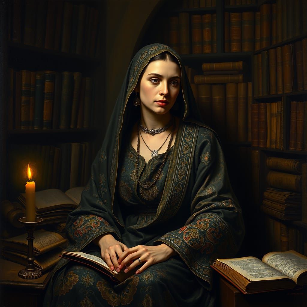 Melancholic Poetess in Library, in Baroque Style