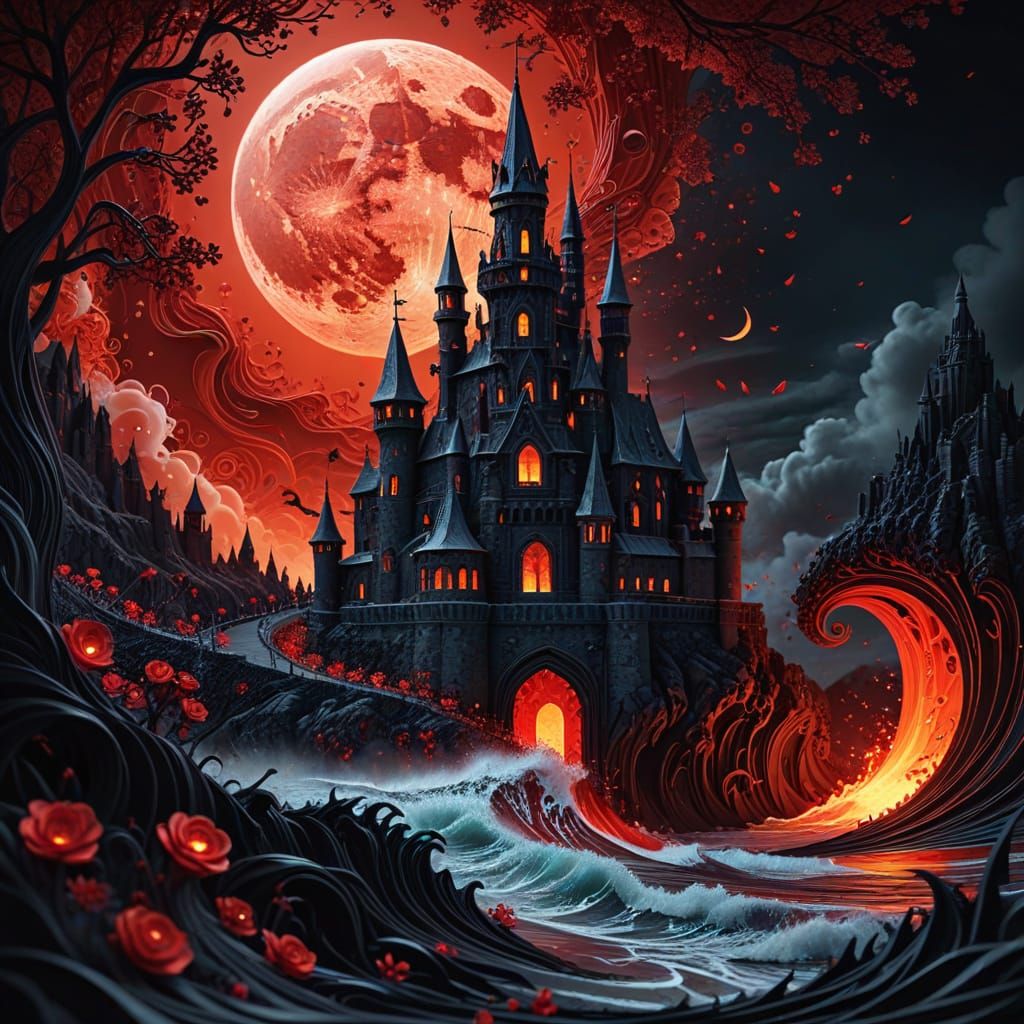 Gothic Castle Under Blood Moon Paper Craft