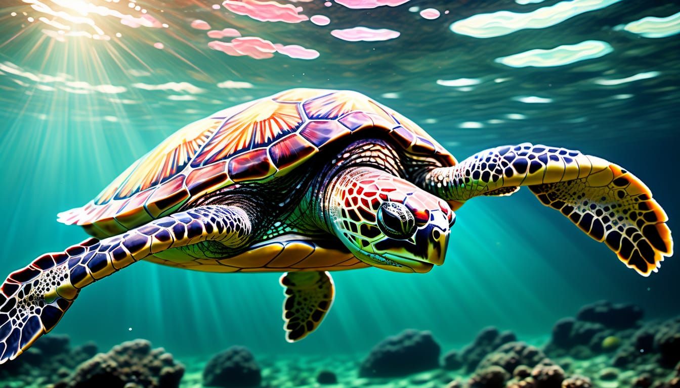 One pink turtle under the water. warm colors . green and tur...