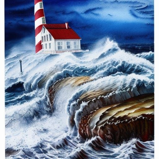Winter Storm Lighthouse Oil Painting