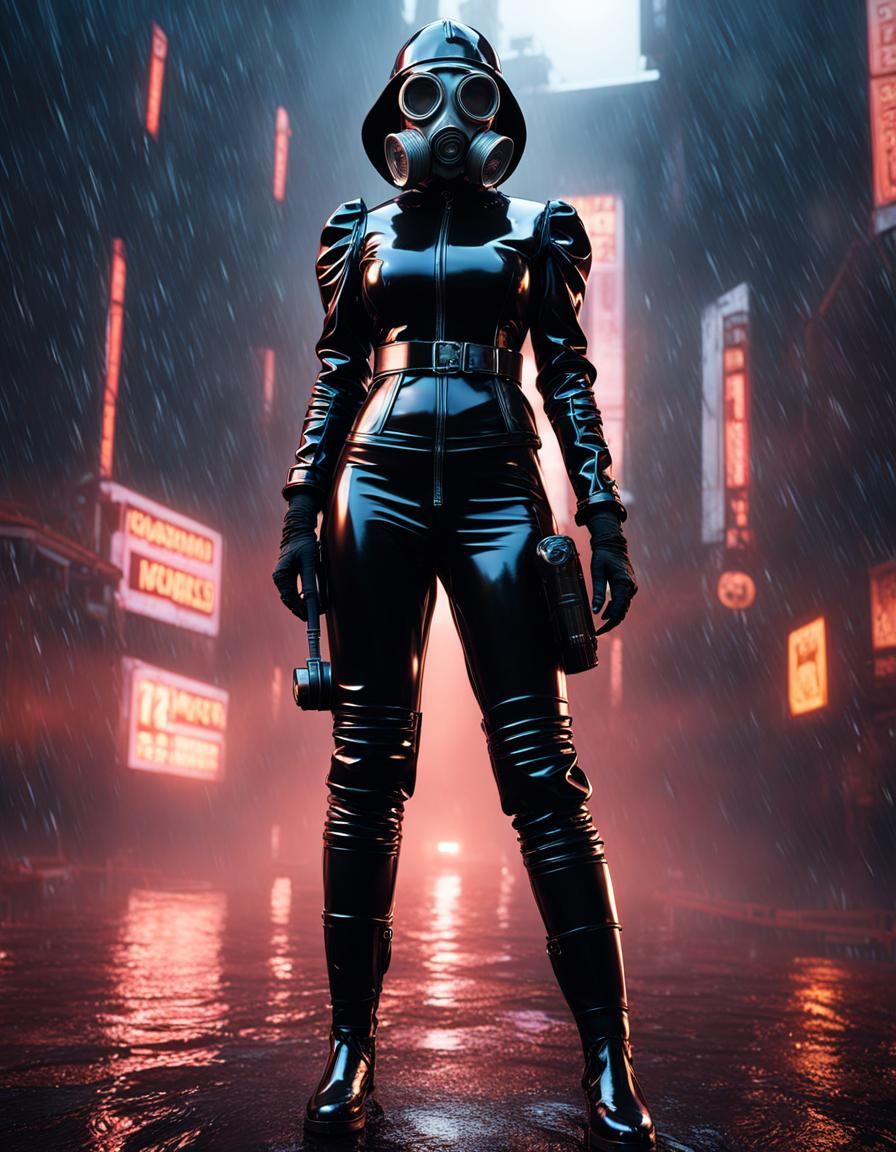 Woman in Gas Mask in Rain, Detailed Matte Painting