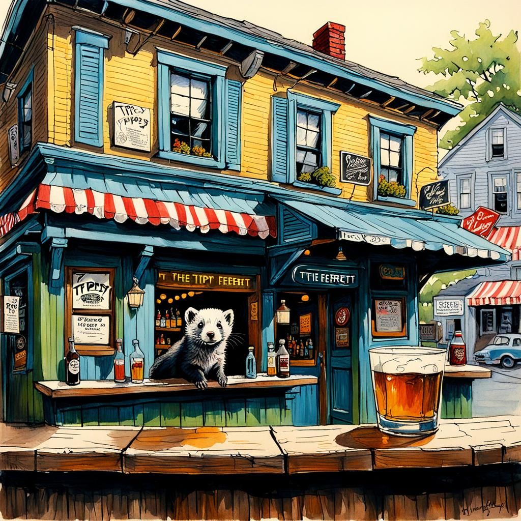 The Tipsy Ferret: Pen and Ink Oil Painting