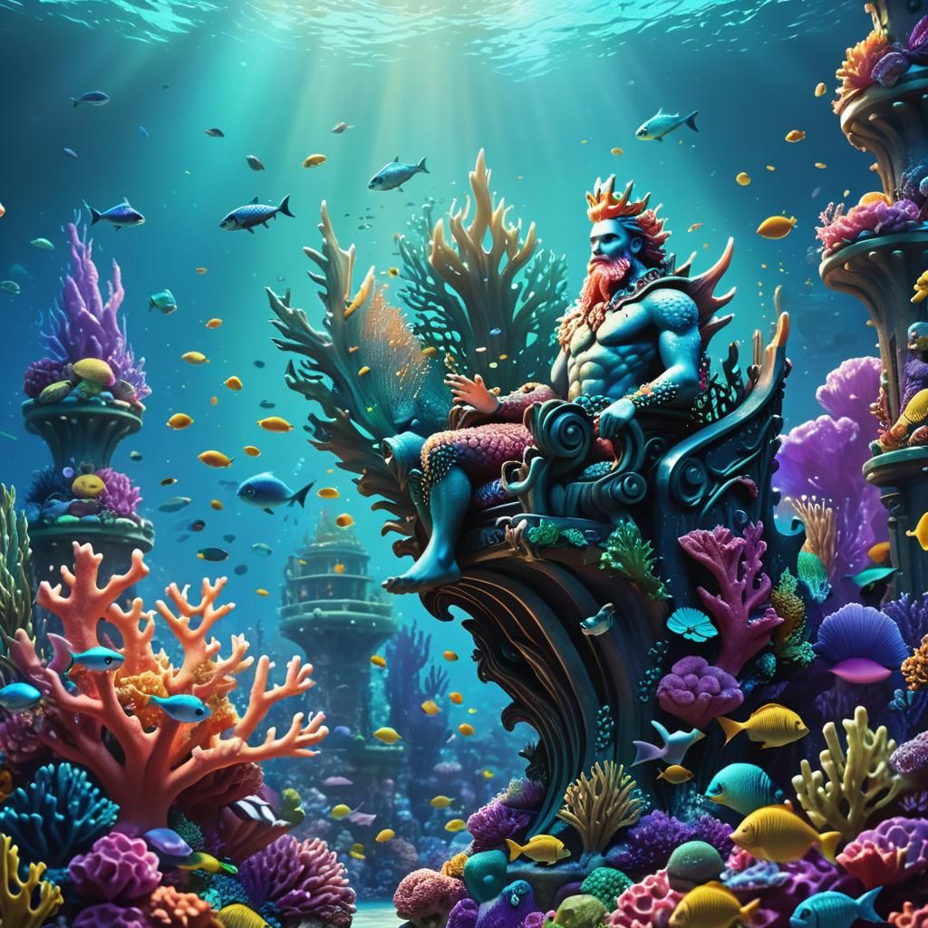 Vibrant Fantasy Merman Sitting on Coral Throne in Ocean