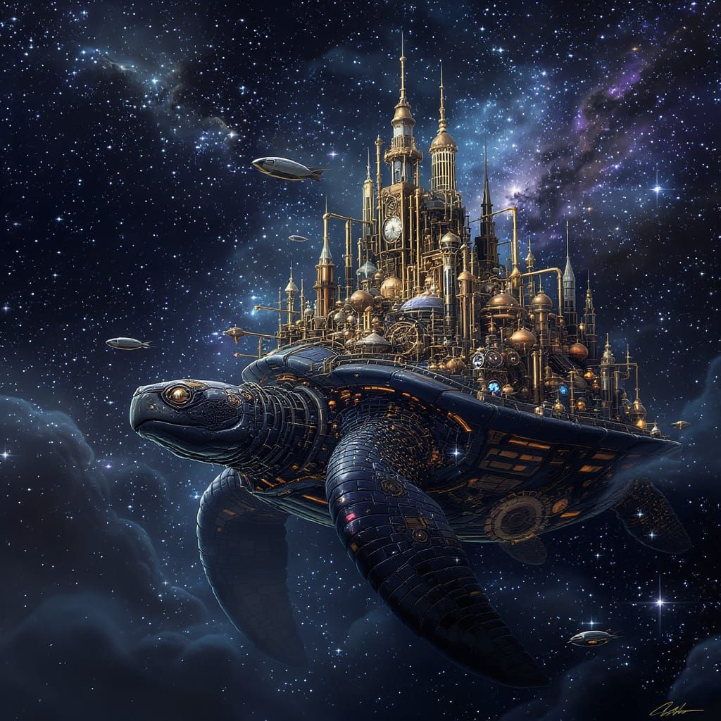 Steampunk City on Giant Turtle Traveling Through Space