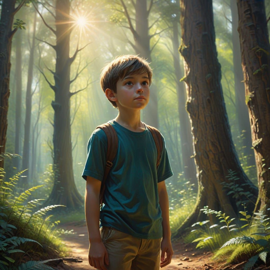 Young Boy in Sunlit Enchanted Forest