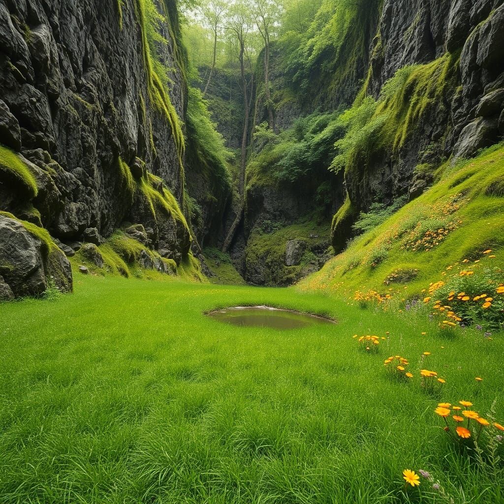 Serene Emerald Oasis Hidden Among Weathered Canyon Walls