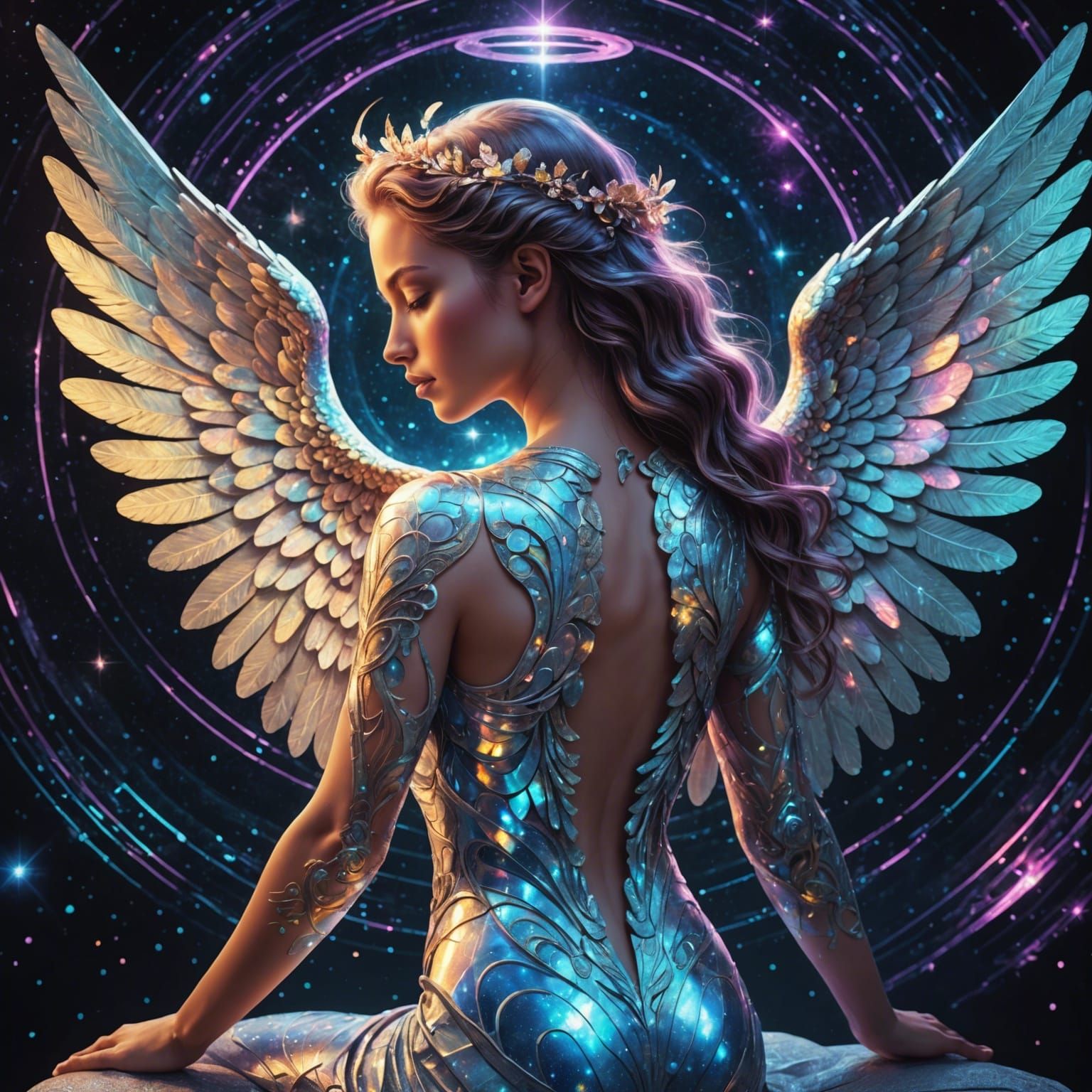 Astral Angel Massaging Back in Holographic Illustration