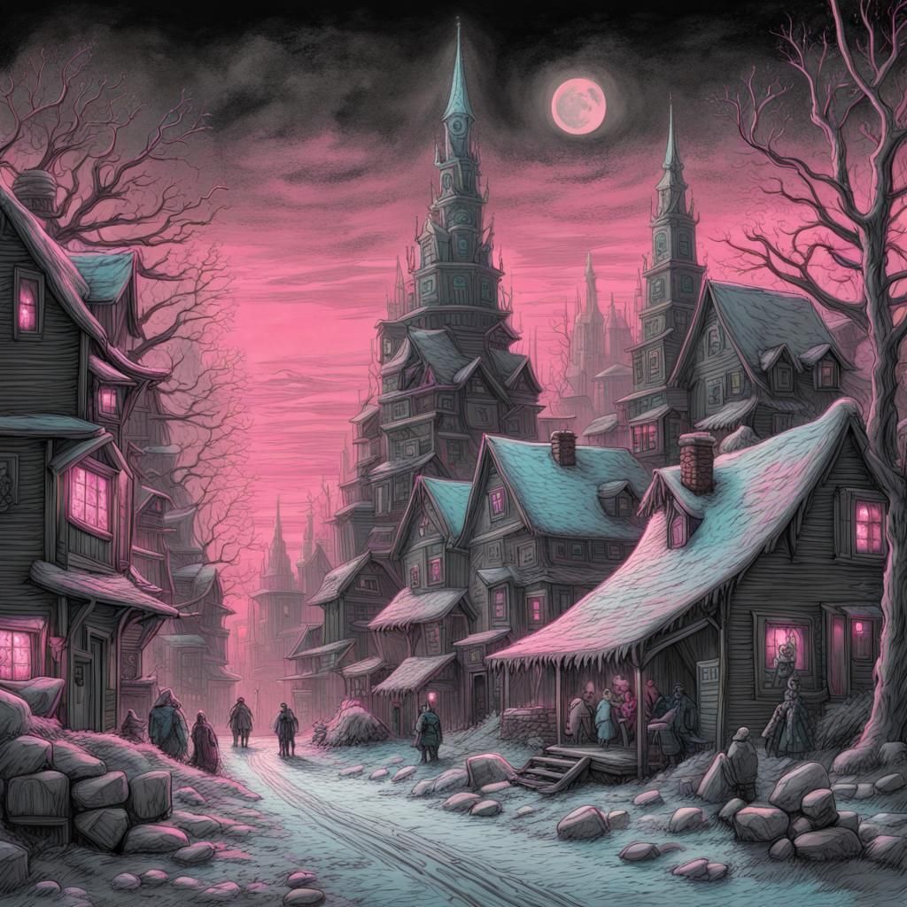 Festive Christmas Village in a Synthwave Horror Wasteland