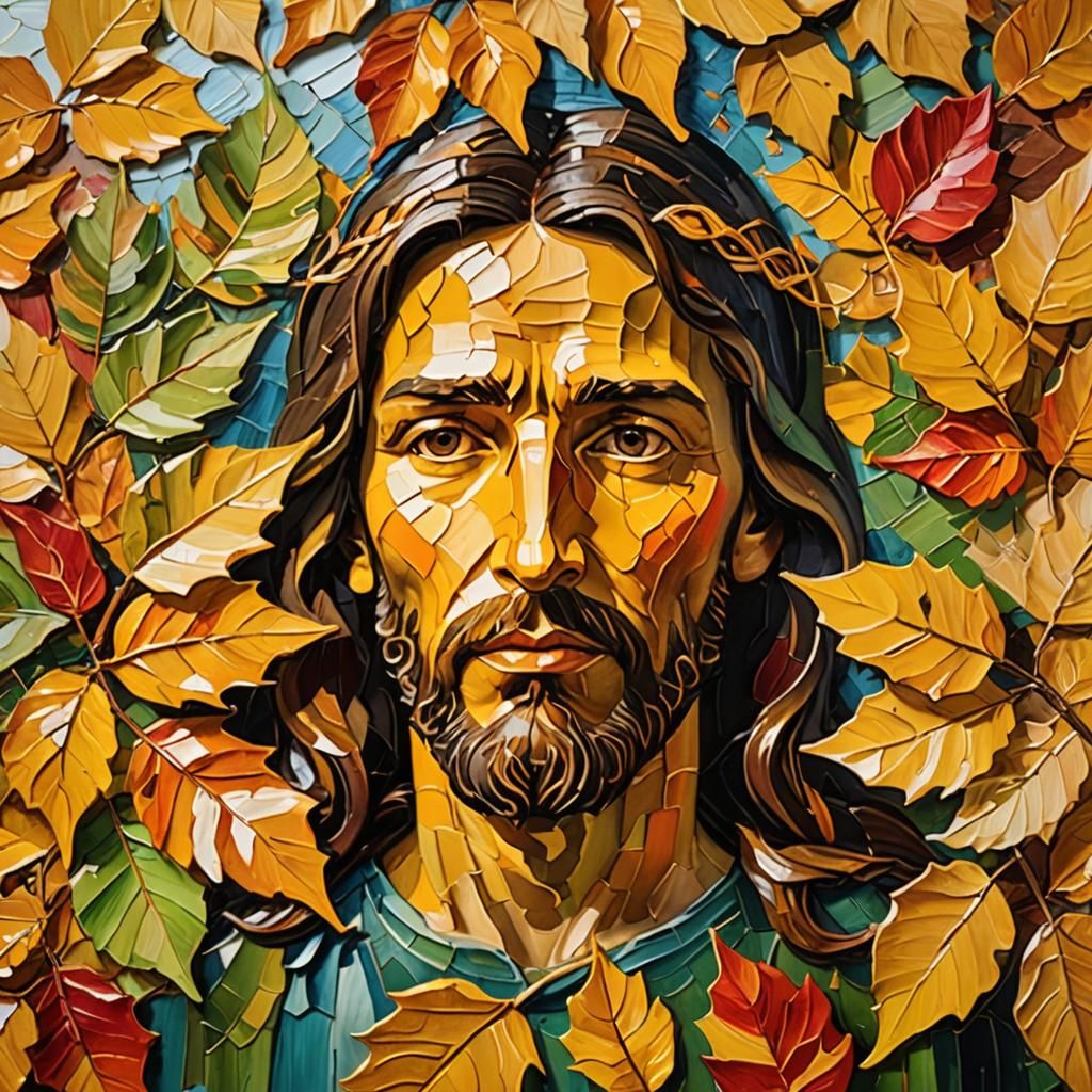 Jesus Face in Autumn Leaves Oil Painting