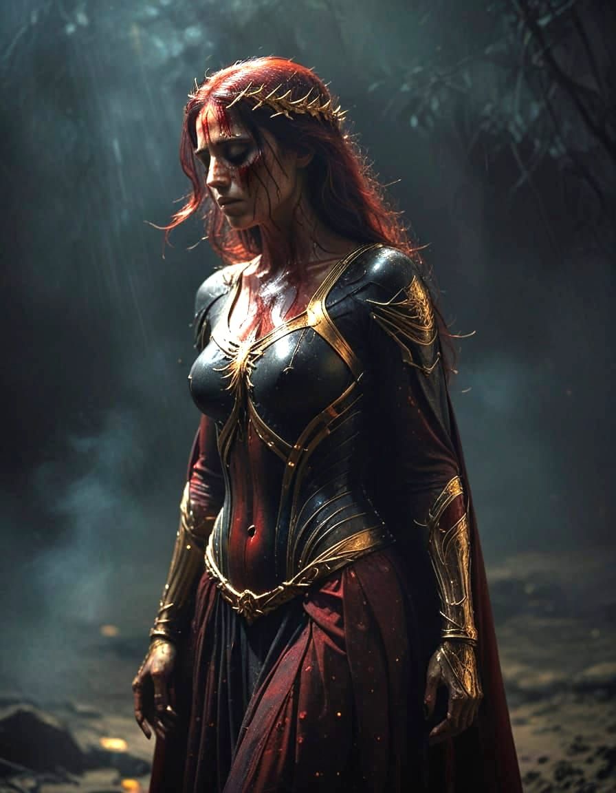 Sorrowful Woman Under Darkened Skies