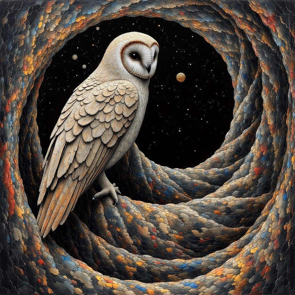 Oriental Bay Owl in Escher's Impossible Architecture