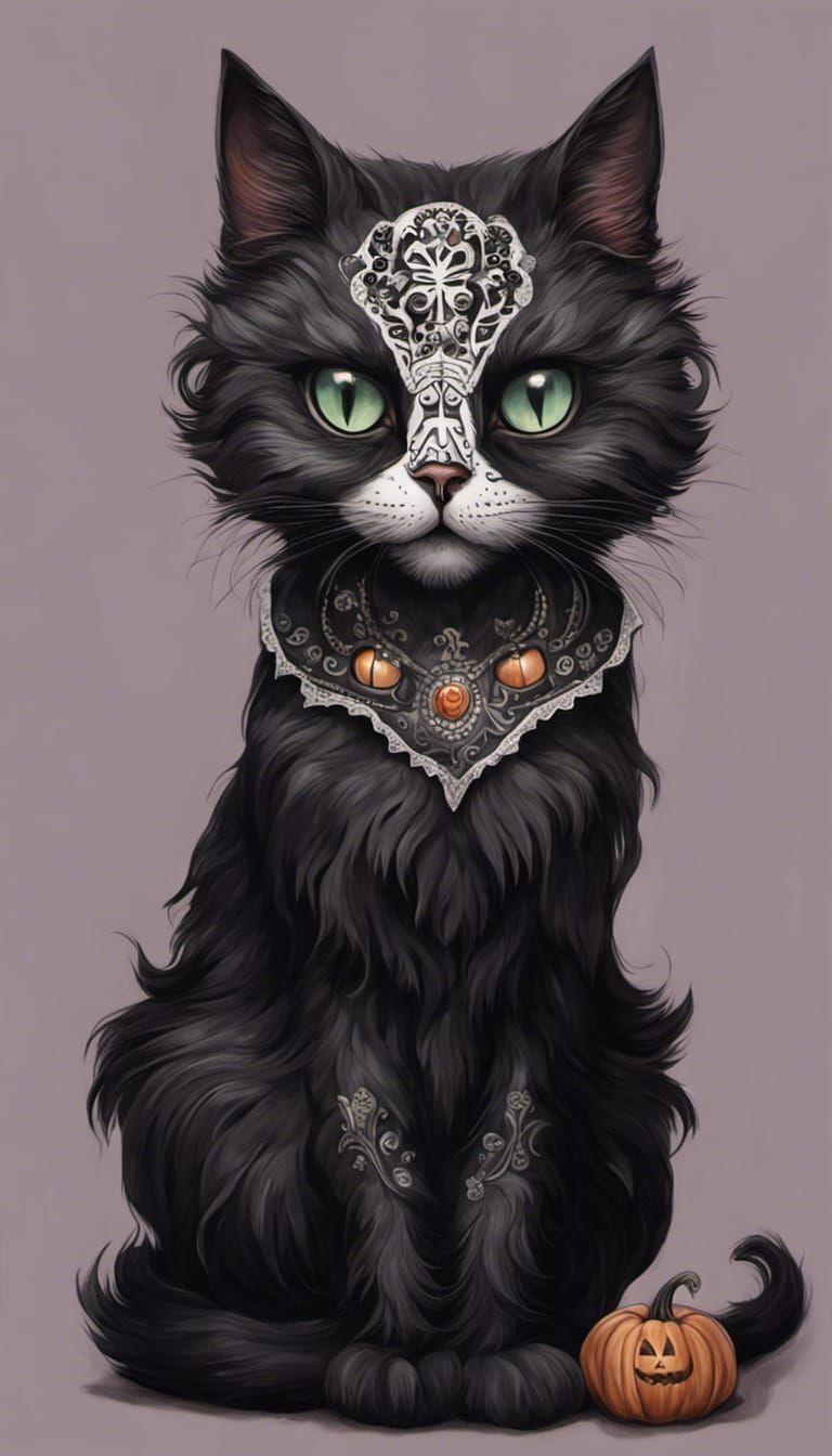 Black Cat Sugar Skull in a Halloween Pumpkin Patch