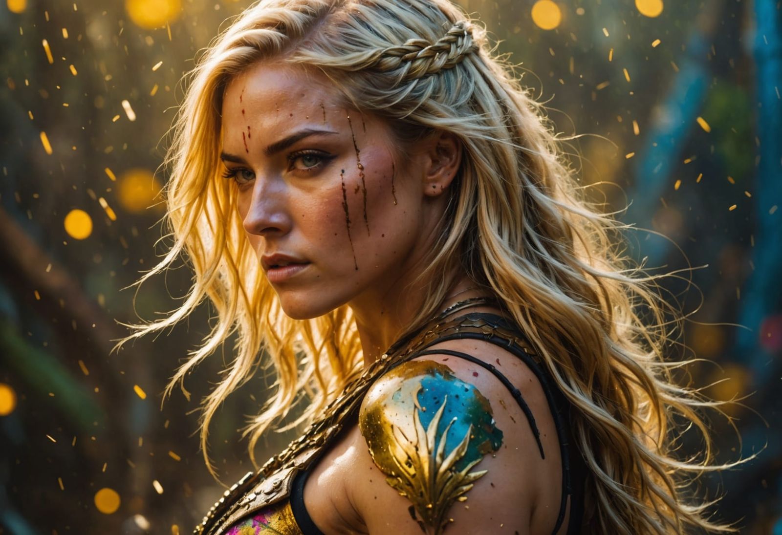 Amazon Warrior Profile in Golden Splashes, Acrylic Style