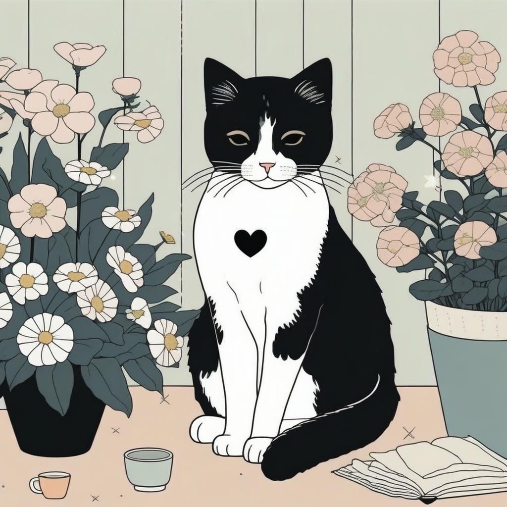 Cute Cat Surrounded by Flowers in Comic Art Style