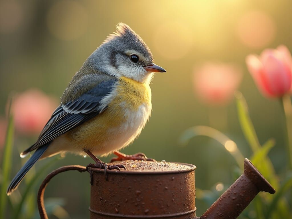 Dew-Kissed Bird on Watering Can: Detailed Digital Painting