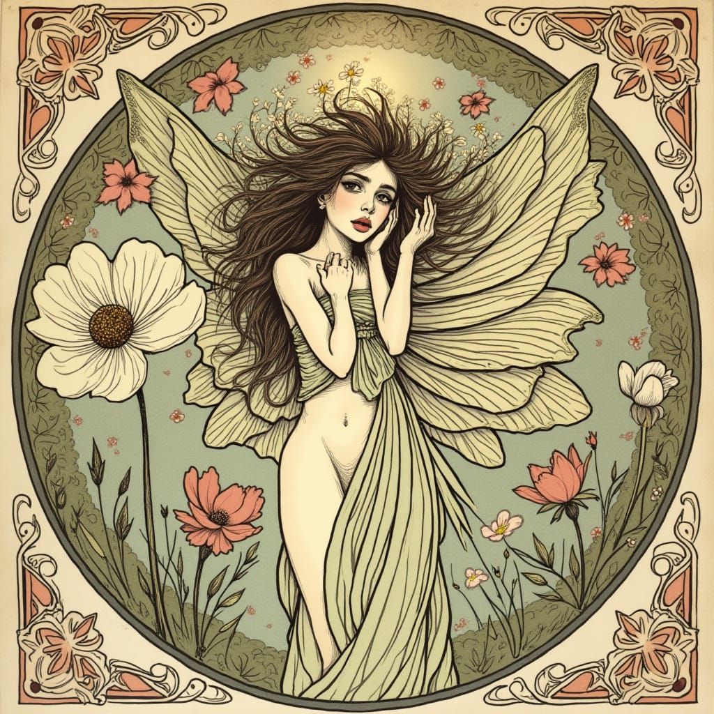 Whimsical Art Nouveau Fairy Illustration