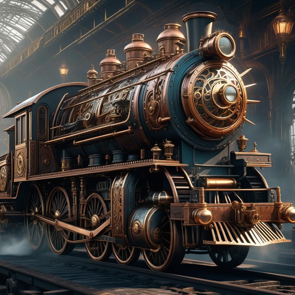Steampunk Engine Matte Painting in Detailed Fantasy Style