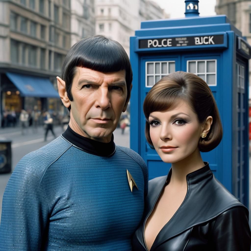 Spock and Diana Rigg by a Police Box