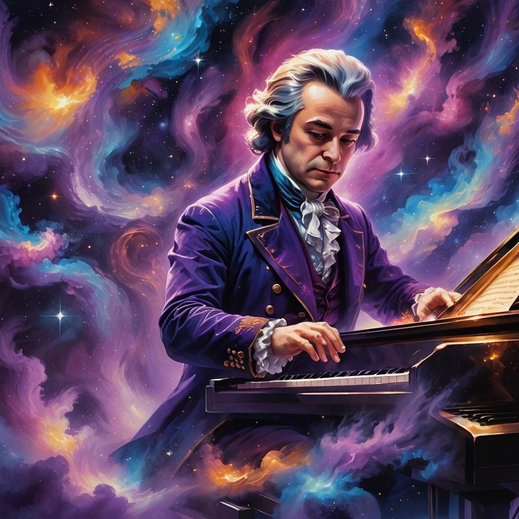 Mozart Plays Piano in Nebula: Concept Art