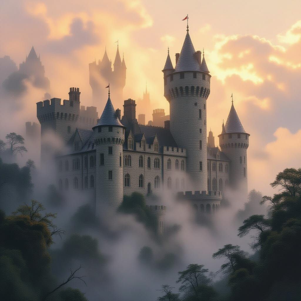 Majestic Castle in Mystical Fog
